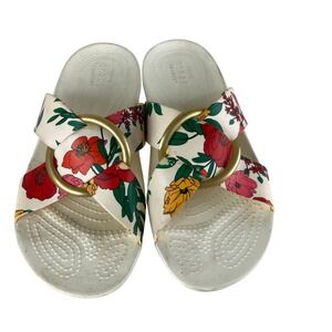 Crocs Floral Slide Sandals Womens 9 Cream Multi Gold Ring Iconic Comfort Flat